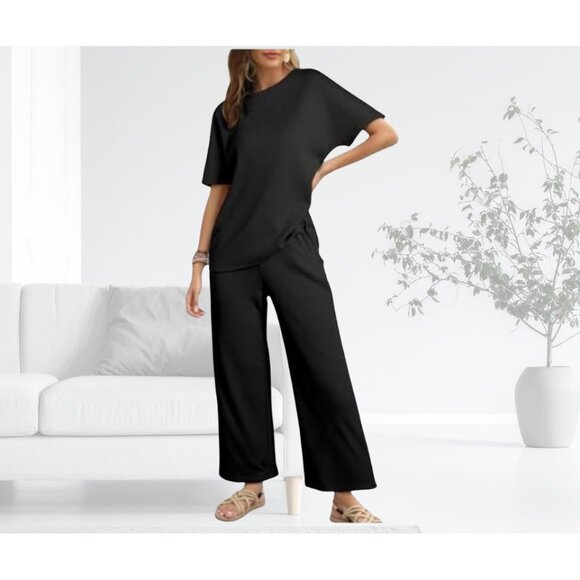 NEW SHEWIN 2 PC Lounge Set - Casual Waffle Knit Short Sleeve Top/Wide Leg Pant - Picture 1 of 6